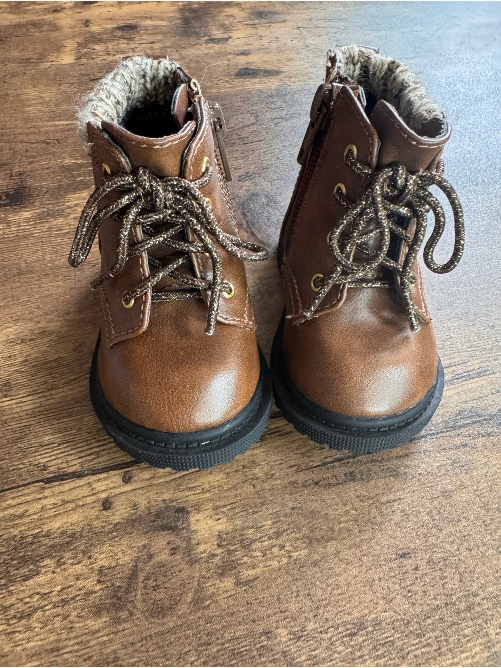 Kids Brown Faux-Leather Winter Boots with Faux Sherpa Lining